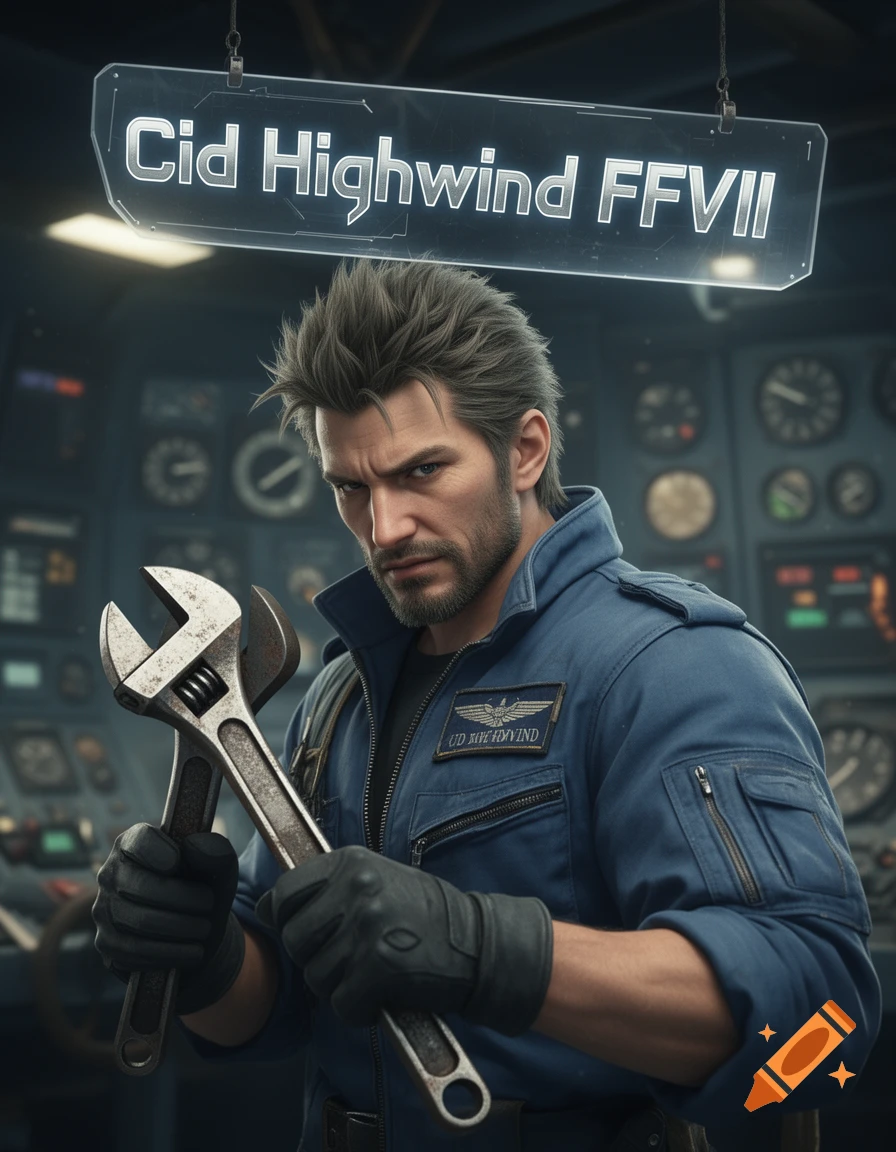 Cid Highwind from Final Fantasy VII, a rugged man in a blue flight suit holding wrenches, stands in a spaceship's cockpit. Above him, a glowing sign reads "Cid Highwind FFVII".
