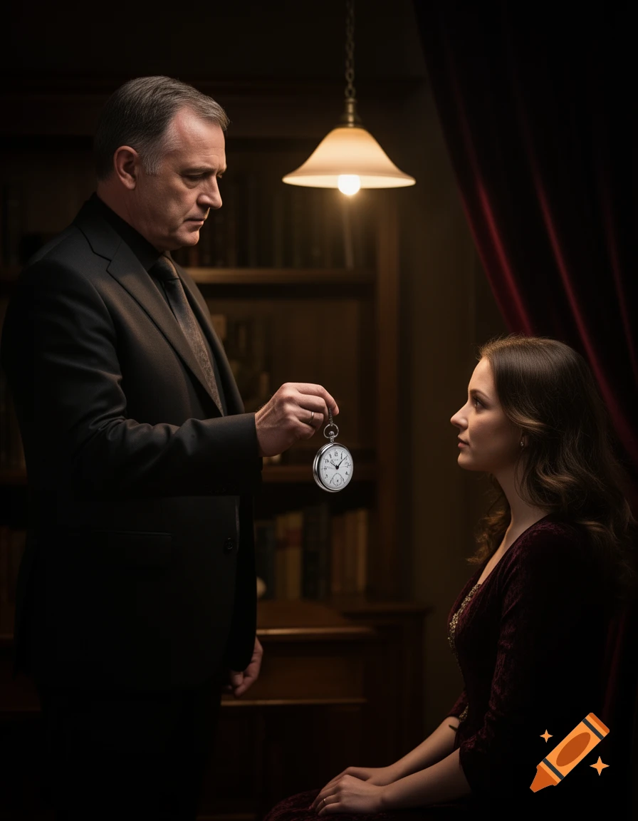 A man in a suit uses a pocket watch to hypnotize a woman in a dark, rich room. Photorealistic.