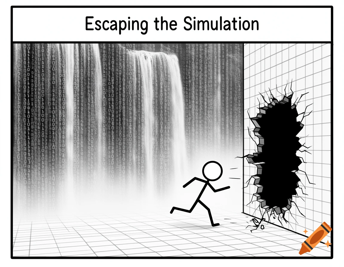 An xkcd-style comic shows a stick figure running from a waterfall of binary code through a hole in a tiled wall, titled "Escaping the Simulation".