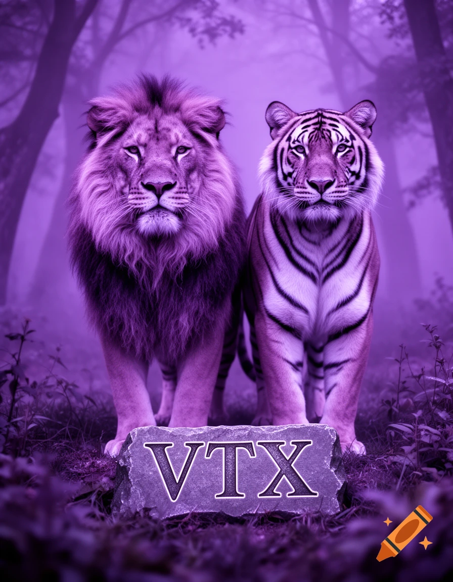 A purple lion and tiger stand in a misty forest, with 'VTX' carved on a stone in the foreground.