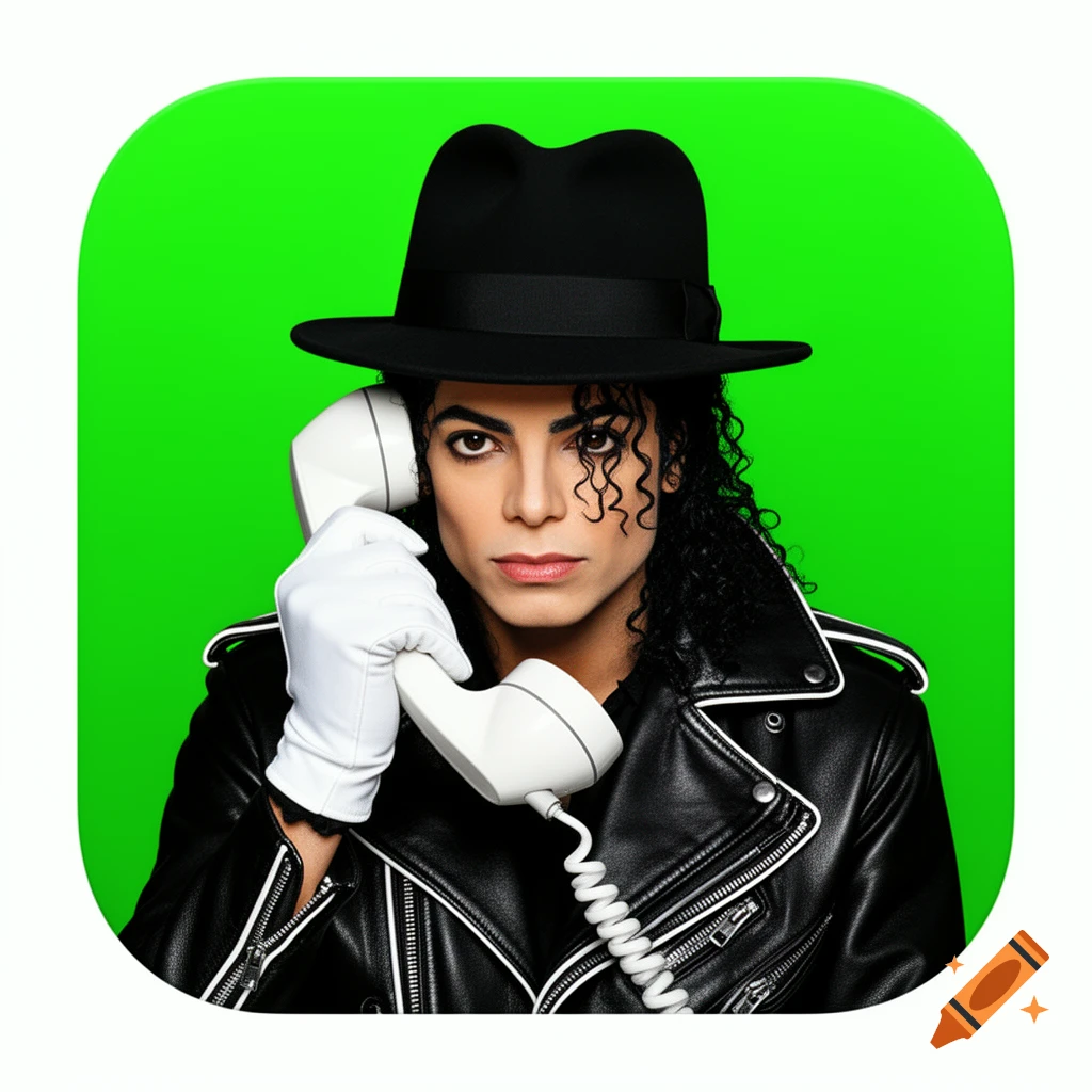 Michael Jackson, in a fedora, leather jacket, and white glove, holds a white phone to his ear against a green app icon background.
