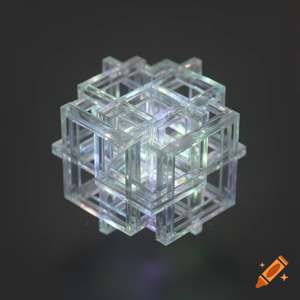 A complex, transparent, iridescent geometric cube structure on a dark background.