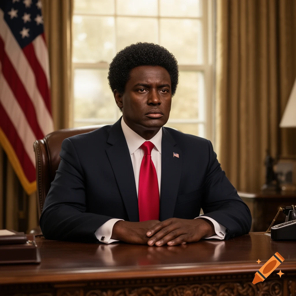 A serious-looking Black man with an afro wears a dark suit and red tie, sitting at an ornate desk with an American flag in the background, photorealistic.