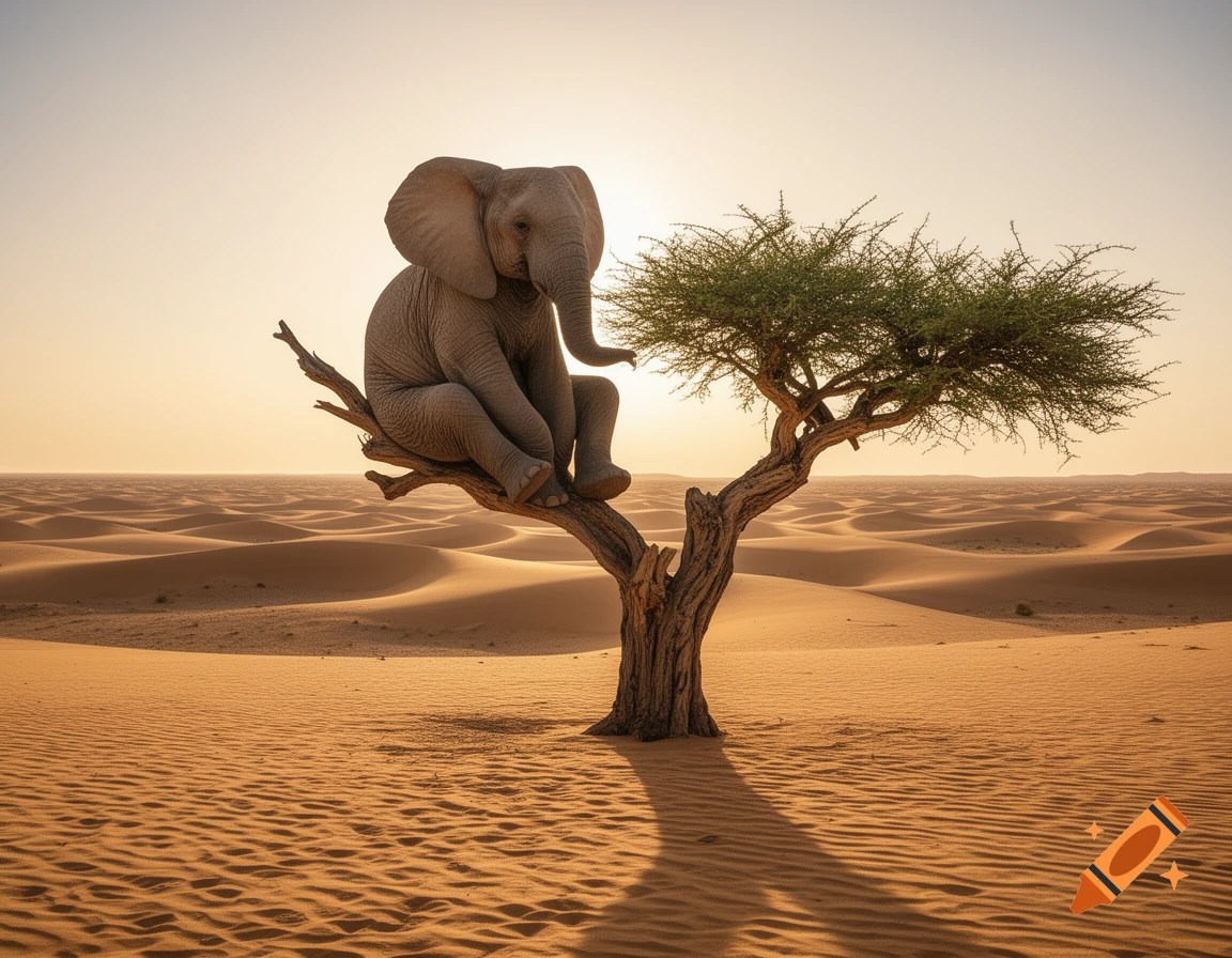 A large, photorealistic elephant sits atop a small tree in a vast, sunny desert landscape with undulating sand dunes.