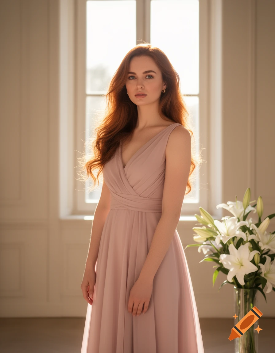 A beautiful woman with long red hair wearing a light pink dress stands in front of a bright window, next to white lilies.