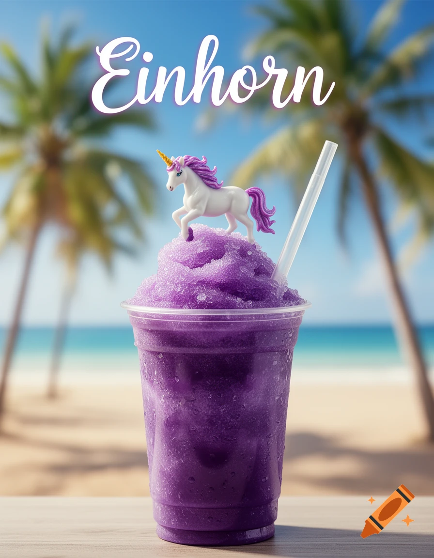 Photorealistic purple unicorn slushie with a unicorn figurine and straw on a beach with palm trees.