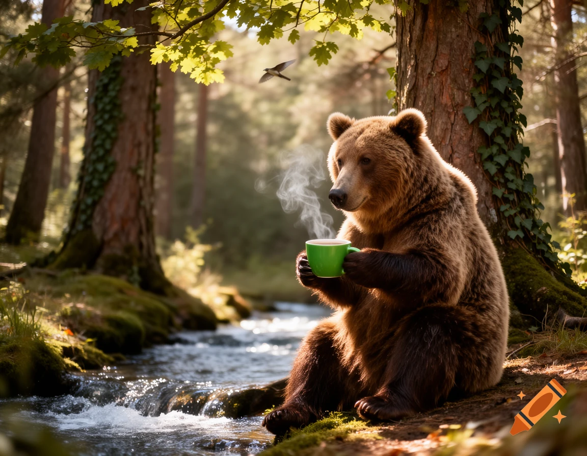A photorealistic brown bear sits by a stream in a sunlit forest, holding a steaming green coffee mug.