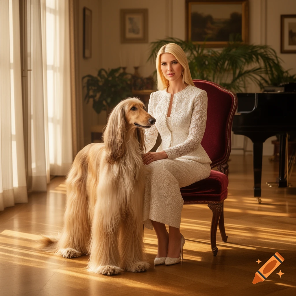 A blonde woman in a white lace dress sits beside a golden Afghan Hound in a luxurious, sunlit room. Photorealistic.