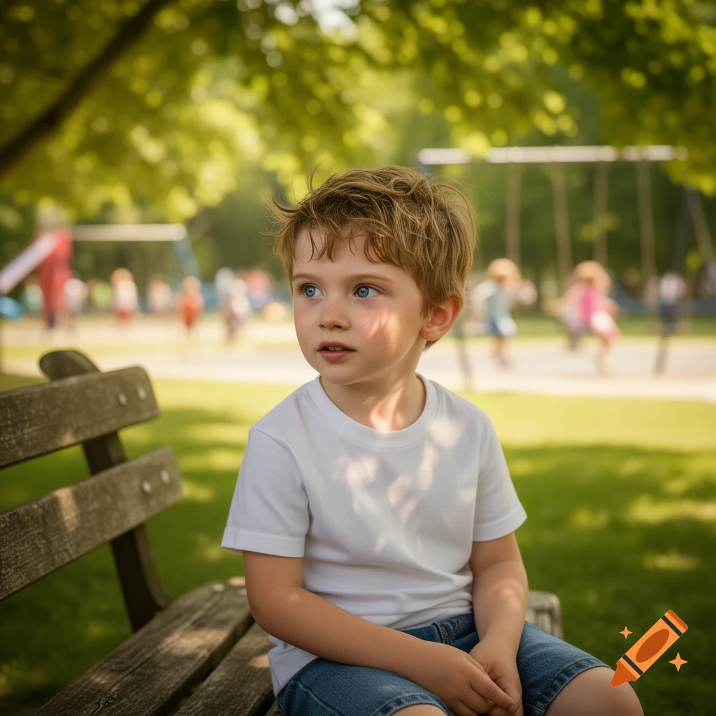 A young boy with blue eyes and light brown hair sits on a wooden bench in a sunny park, looking right. Photorealistic.