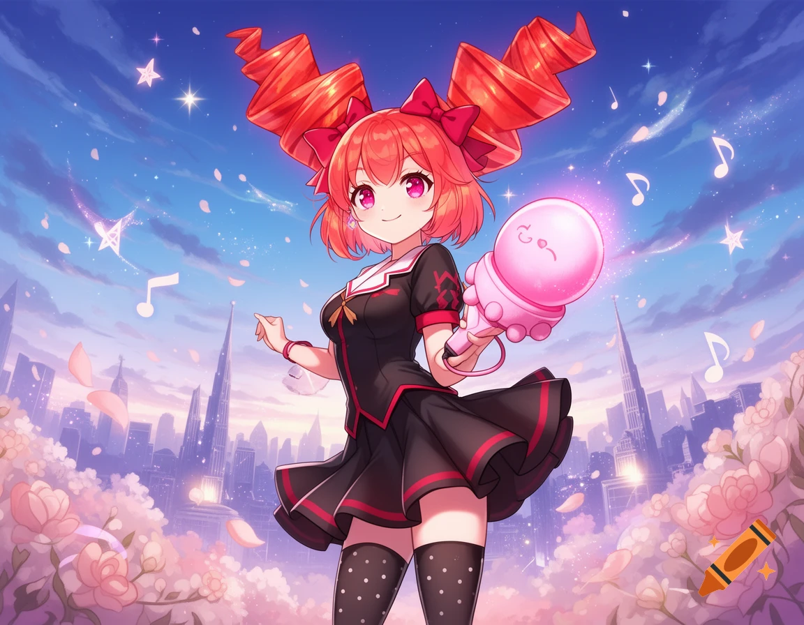 Anime girl with red pigtails in a black and red uniform, holding a pink microphone, against a city skyline with flowers and musical notes.
