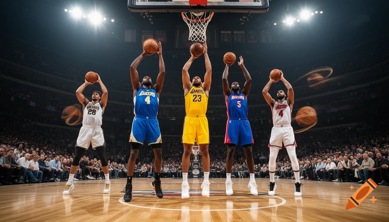 Five basketball players in various team jerseys shoot basketballs simultaneously in a brightly lit arena filled with spectators, motion blur on balls.