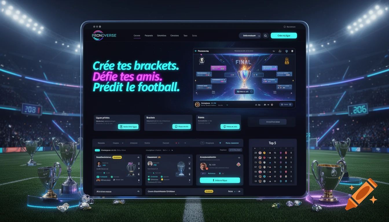 A futuristic dark-themed web interface for a football prediction site, "Pronoverse," displayed on a tablet in a stadium, featuring brackets, leaderboards, and trophies. Neon blue, cyan, and purple accents illuminate the interface and stadium backdrop.