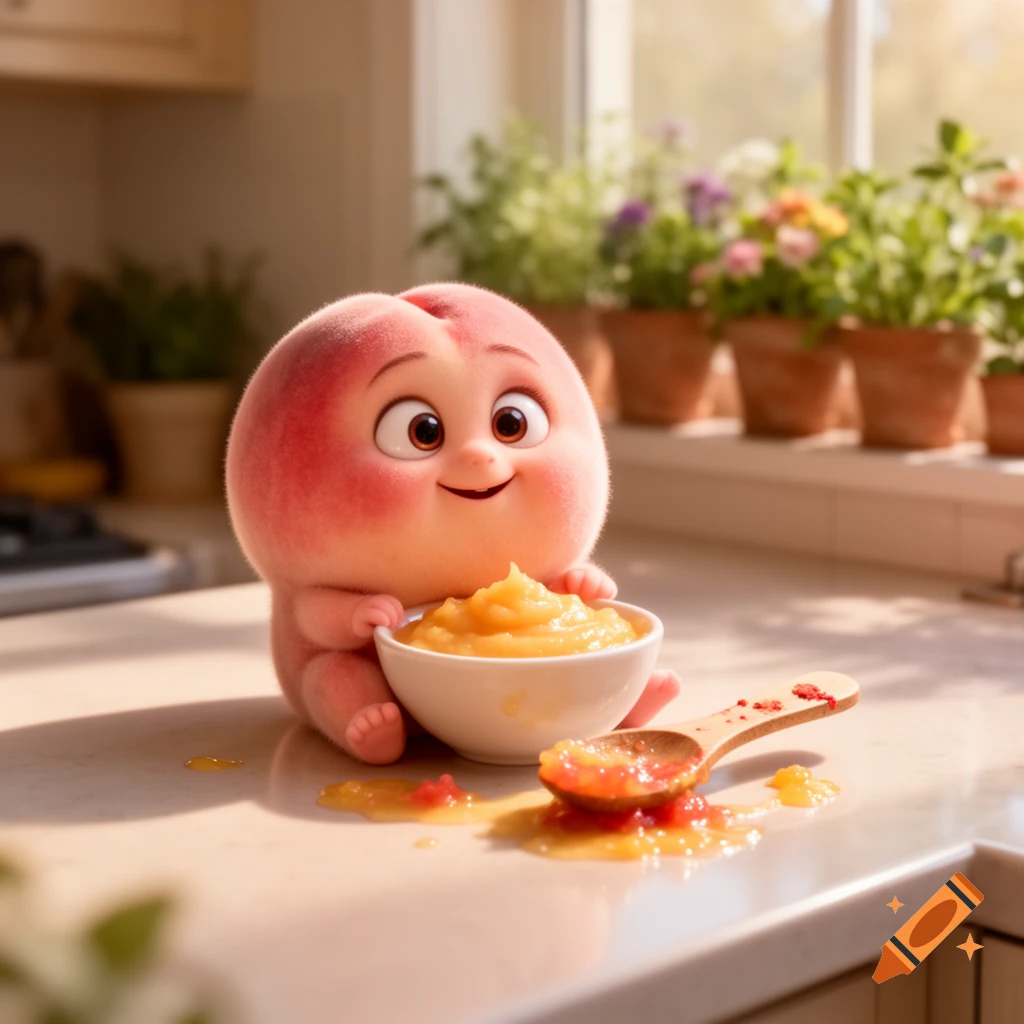A cute, fuzzy peach-like creature sits on a kitchen counter, holding a bowl of baby food with a messy spoon beside it, in a 3D animated style.