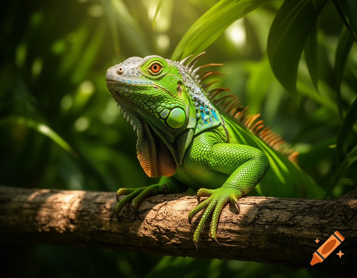 A vibrant green iguana with orange and blue markings perches on a tree branch in a lush, sunlit tropical jungle, photorealistic.