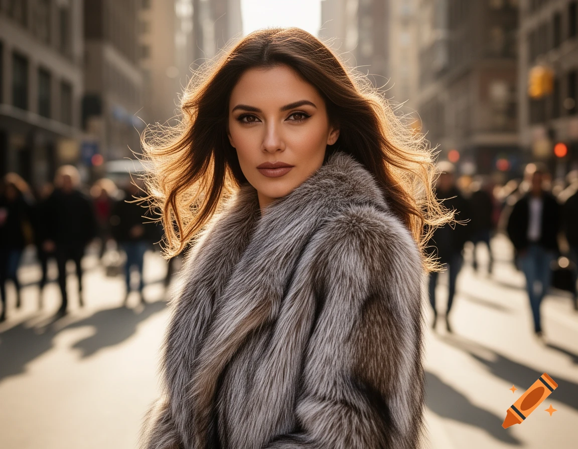 Photorealistic portrait of a woman in a fur coat on a bustling city street with golden light.