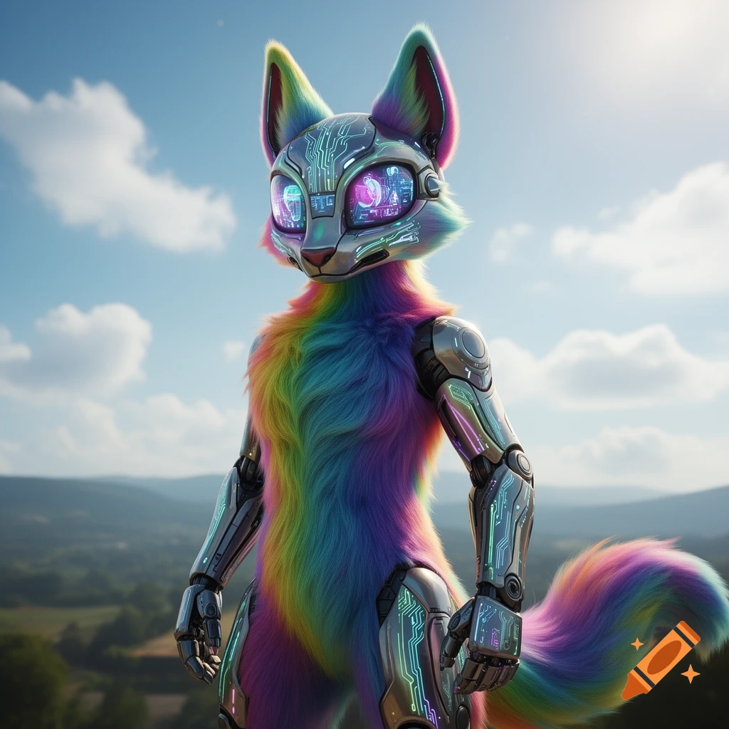 A vibrant rainbow-colored protogen furry, featuring robotic limbs and circuit patterns, stands outdoors under a bright blue sky.