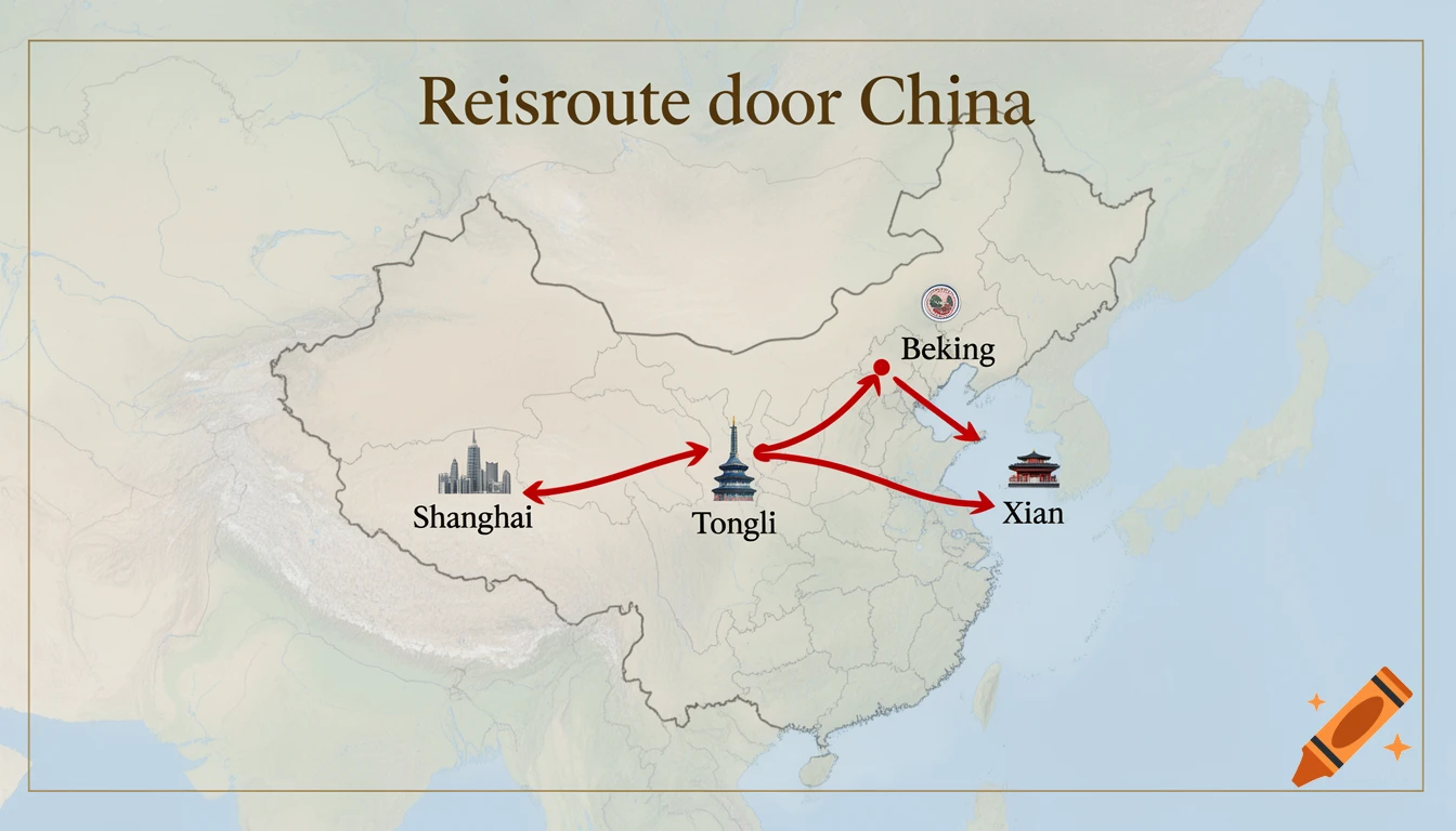 Infographic map of China showing a travel route between Shanghai, Tongli, Beking (Beijing), and Xian.