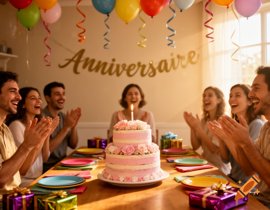 Happy people clap around a pink tiered cake with a candle, celebrating an anniversary with balloons and gifts.