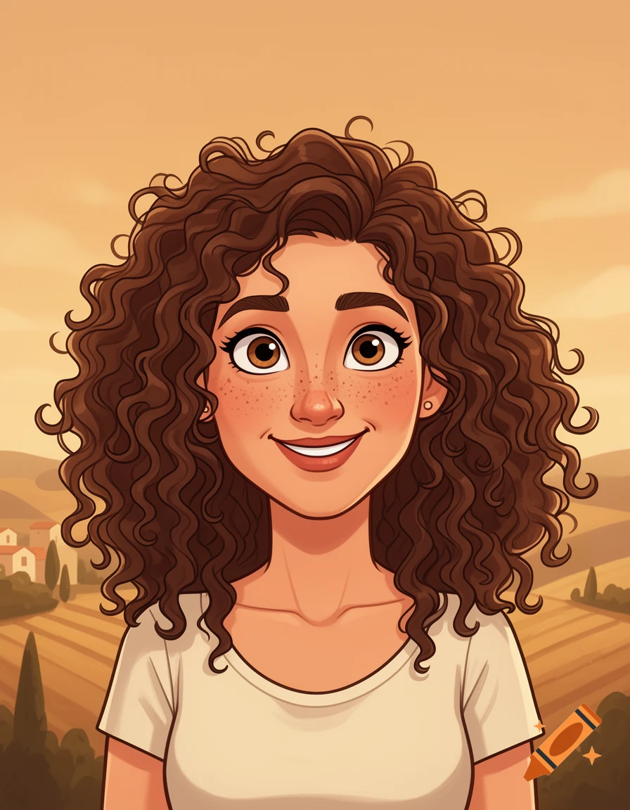 Cartoon portrait of a smiling woman with curly brown hair and freckles against a rural landscape.