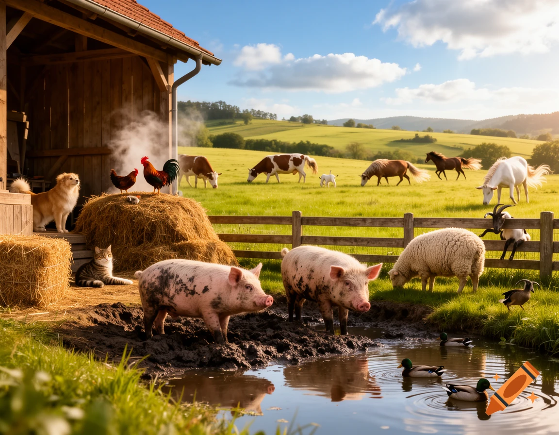 A vibrant, animated farm landscape with pigs in mud, ducks in a pond, a barn, and diverse animals including cows, horses, sheep, goats, a dog, a cat, and chickens.