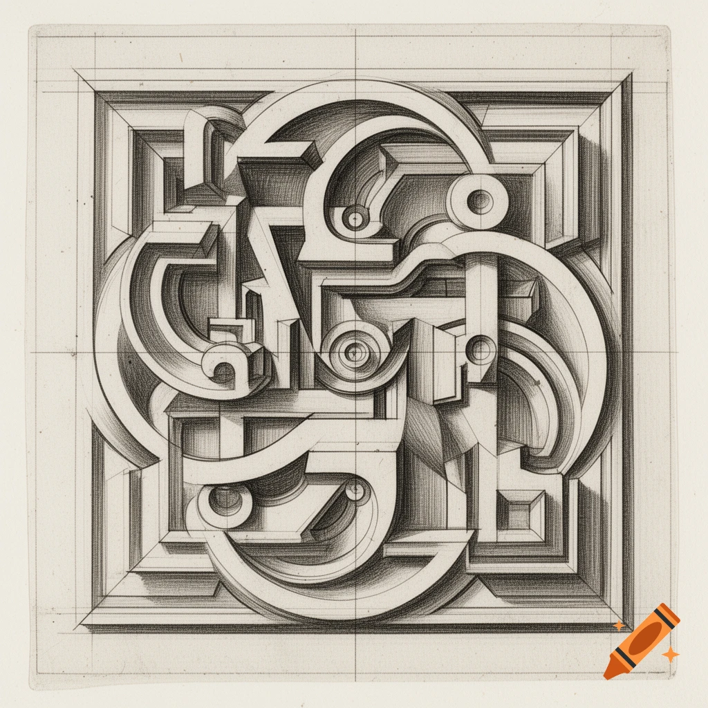An intricate black and white technical drawing featuring complex 3D geometric shapes and grid lines within a square frame.