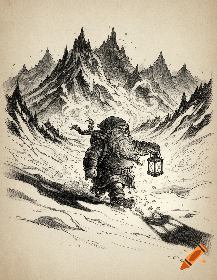 Ink sketch of a stout dwarf with a braided beard trudging through snowy mountains, holding a lantern.