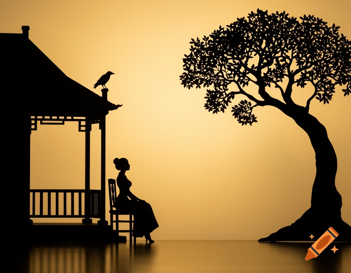 Silhouette of a woman sitting on a chair on a veranda with a crow on the roof and a large tree, against a golden sky, in shadow play style.