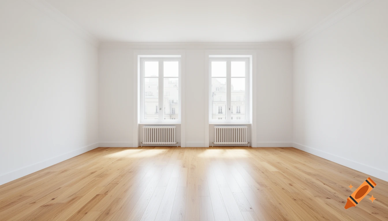 A clean, empty room with light wood flooring, white walls, and two large windows with white radiators below.