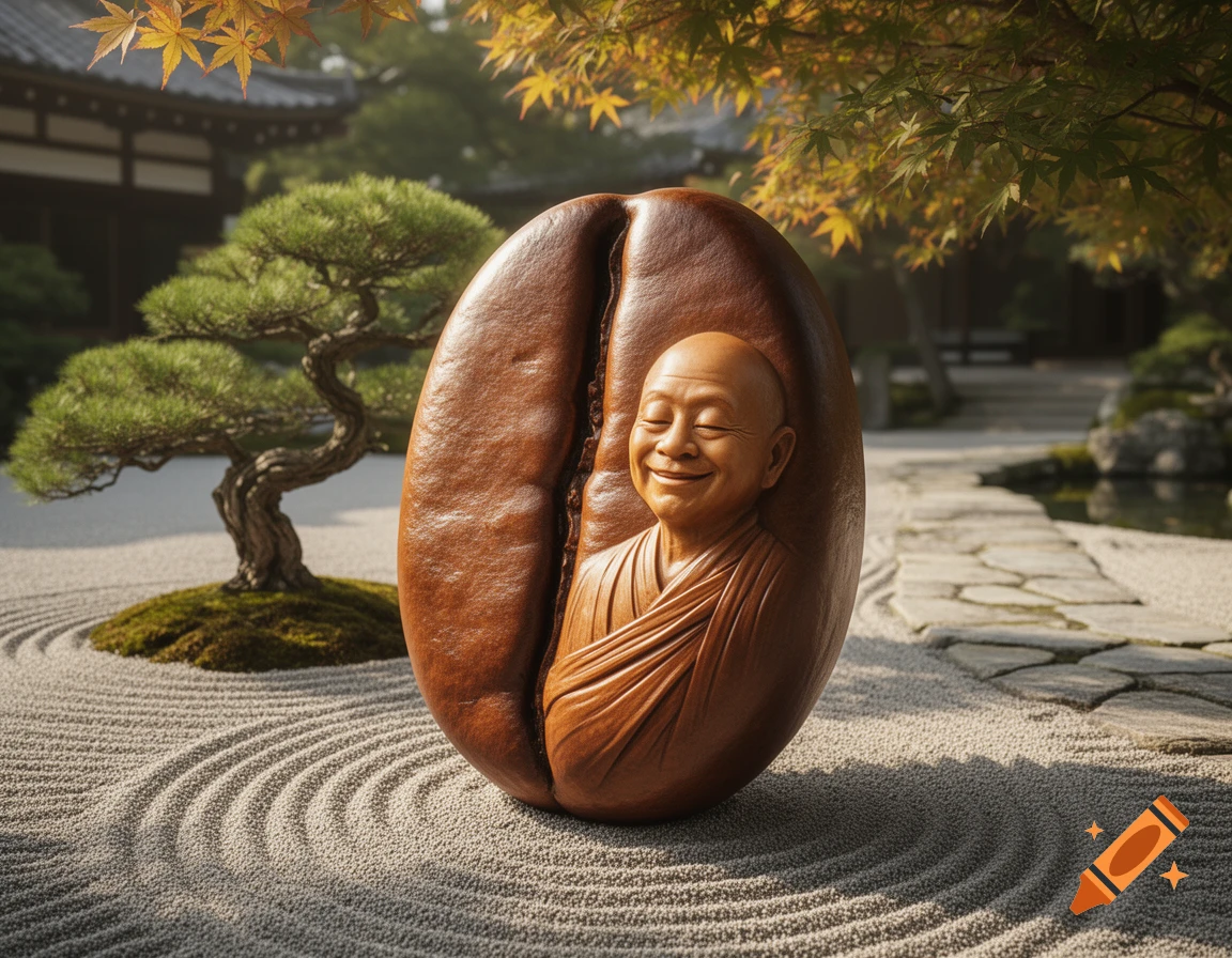 A smiling monk figure carved into a coffee bean, sitting in a serene Japanese zen garden with raked gravel and bonsai trees.