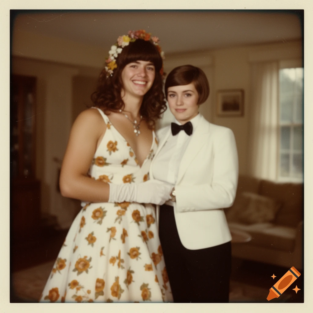Two people in vintage prom attire pose for a 1960s-style photo. One wears a floral dress with a flower crown, the other a white suit and bow tie.
