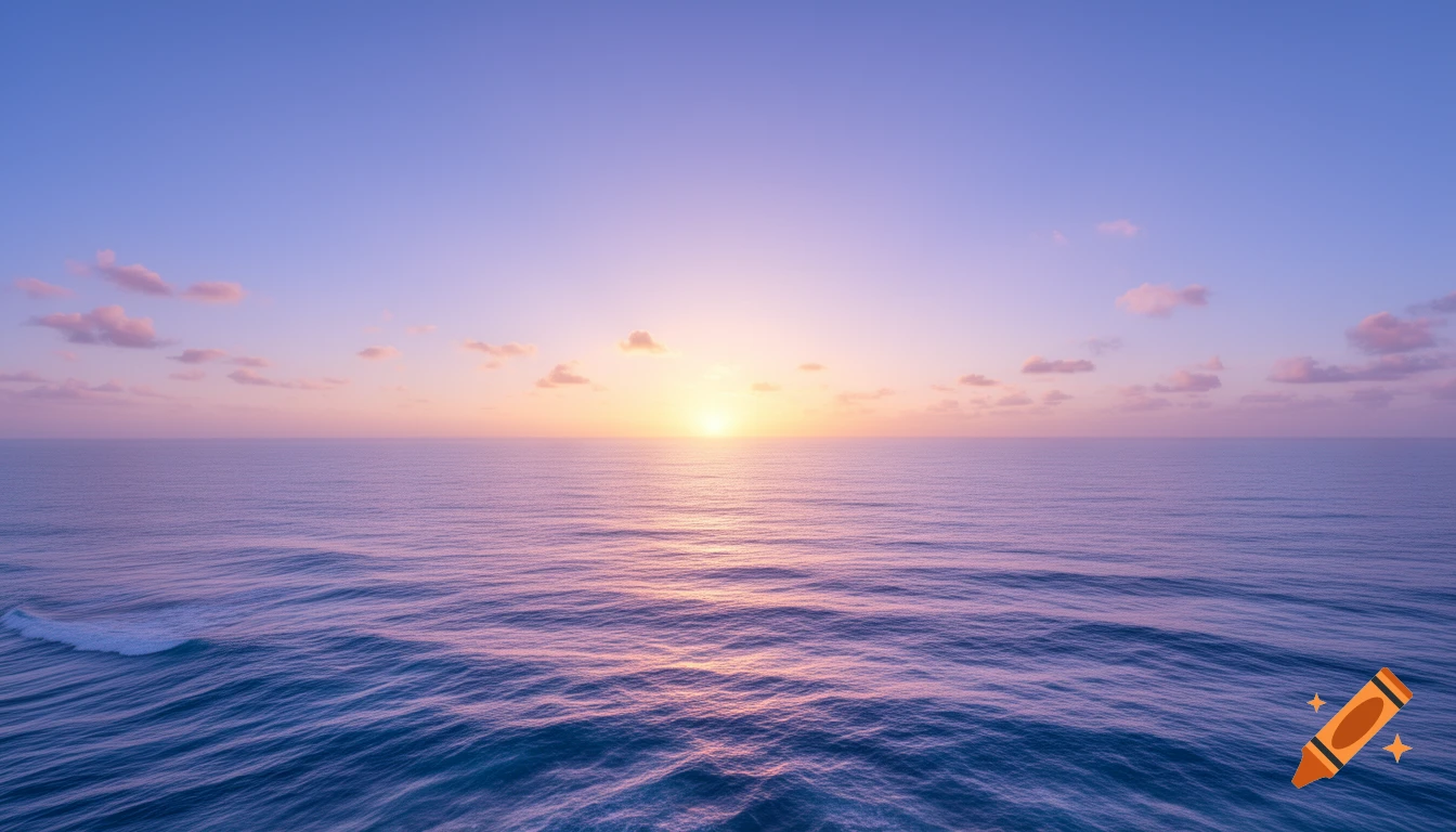 Photorealistic sunset over the ocean with purple and pink skies reflecting on gentle waves.