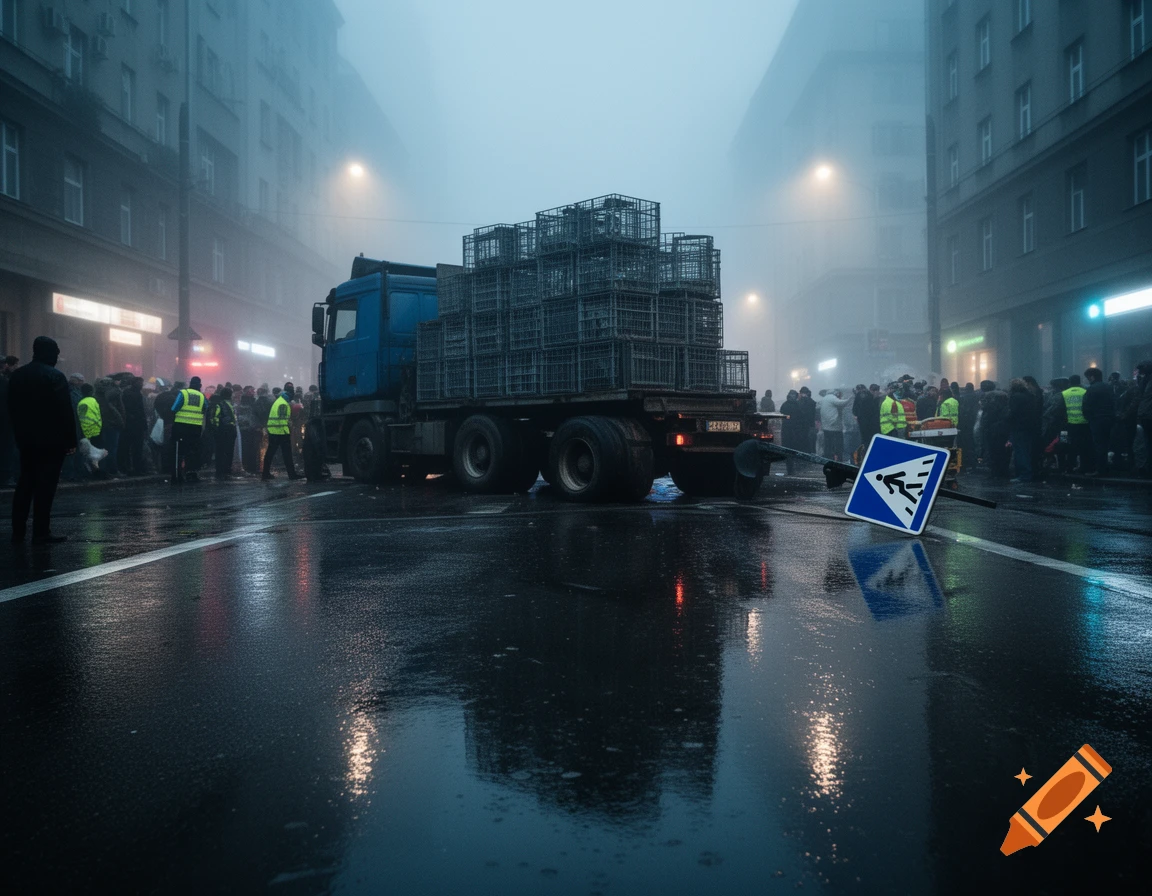 A foggy, moody urban street at night with a large blue truck, a crowd of people, and a fallen pedestrian sign.