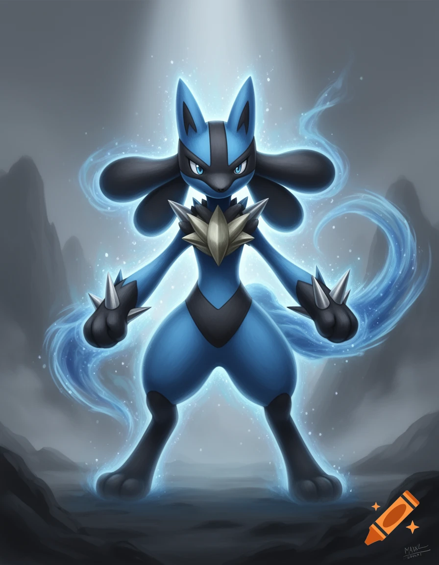 Lucario, a blue and black Pokémon, glows with a powerful blue aura in a dark, misty landscape.