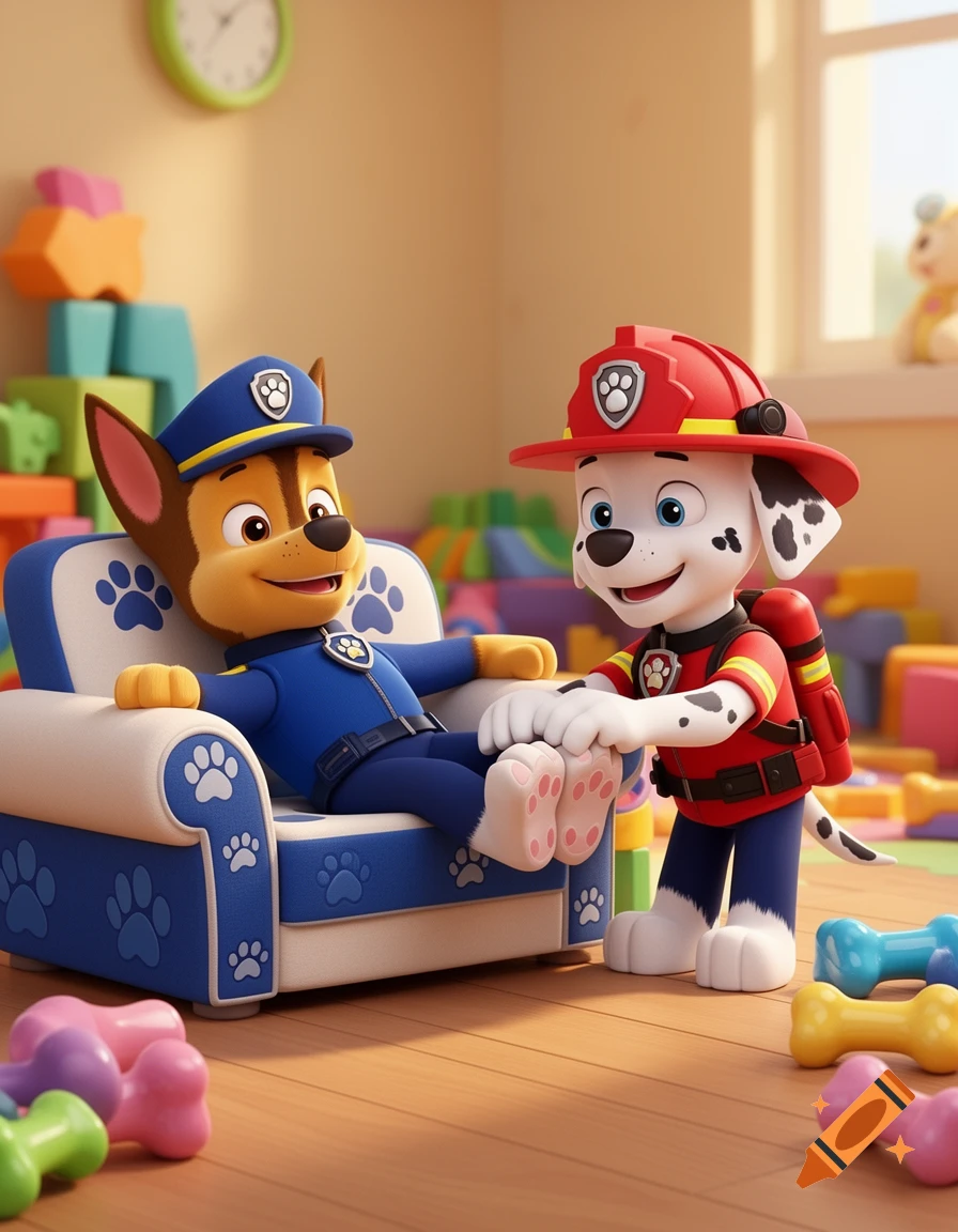 Chase the police dog getting a foot massage from Marshall the firefighter dog in a playful room with colorful toys.