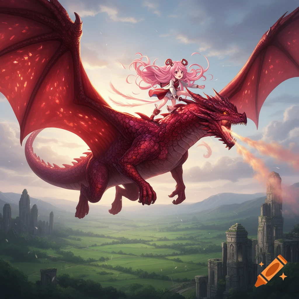 Anime girl with pink hair rides a red, fire-breathing dragon over a fantasy landscape with green valleys and ancient ruins.