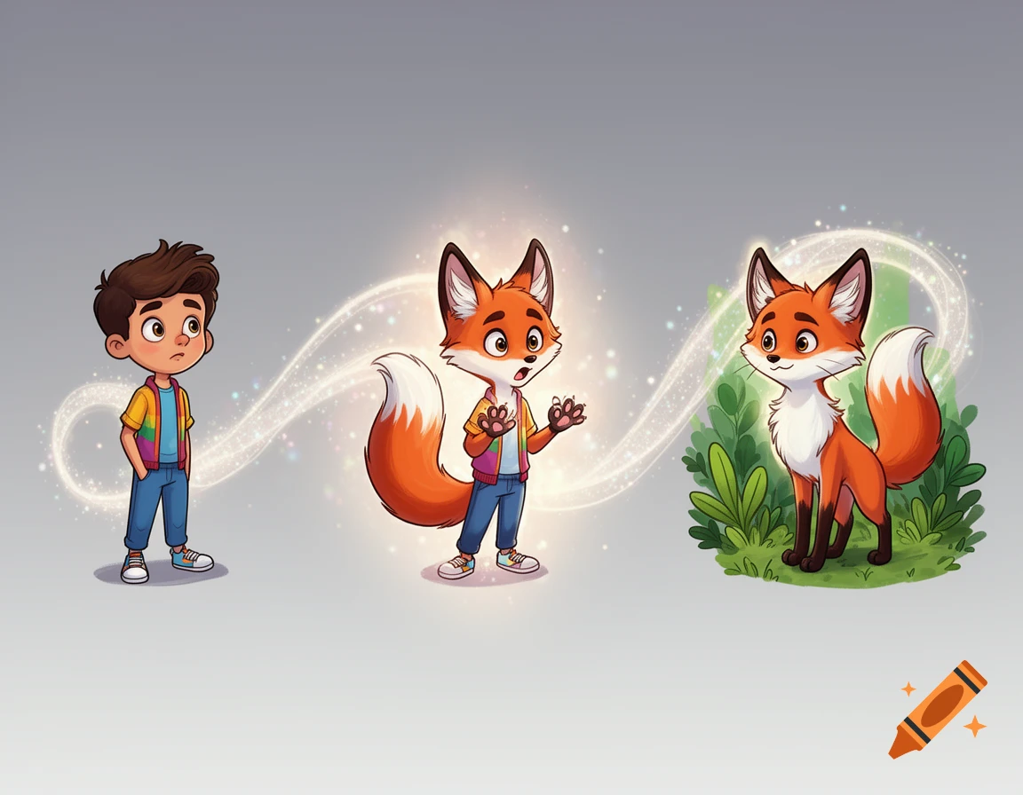 Cartoon image of a boy transforming into a fox, shown in three stages with sparkling effects.