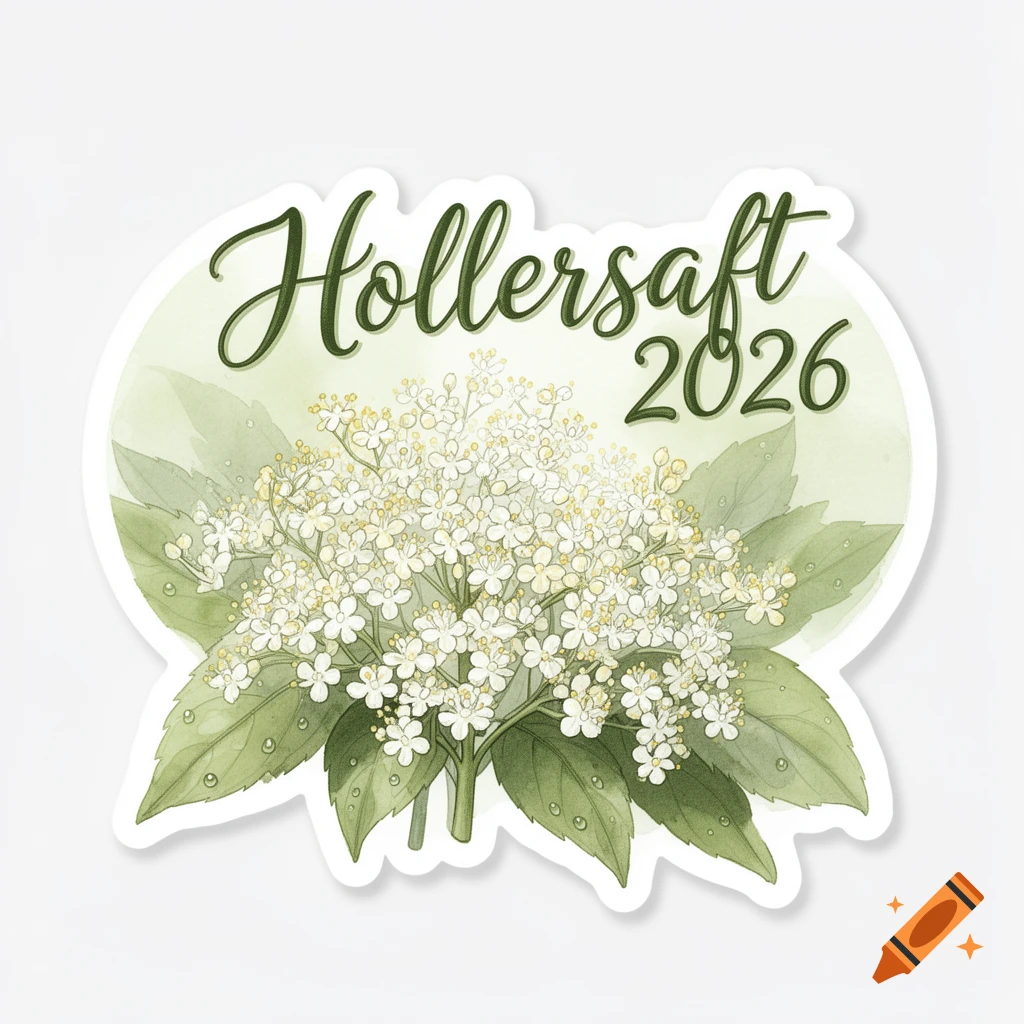Watercolor sticker with white elderflowers, green leaves, and the text 'Hollersaft 2026'.
