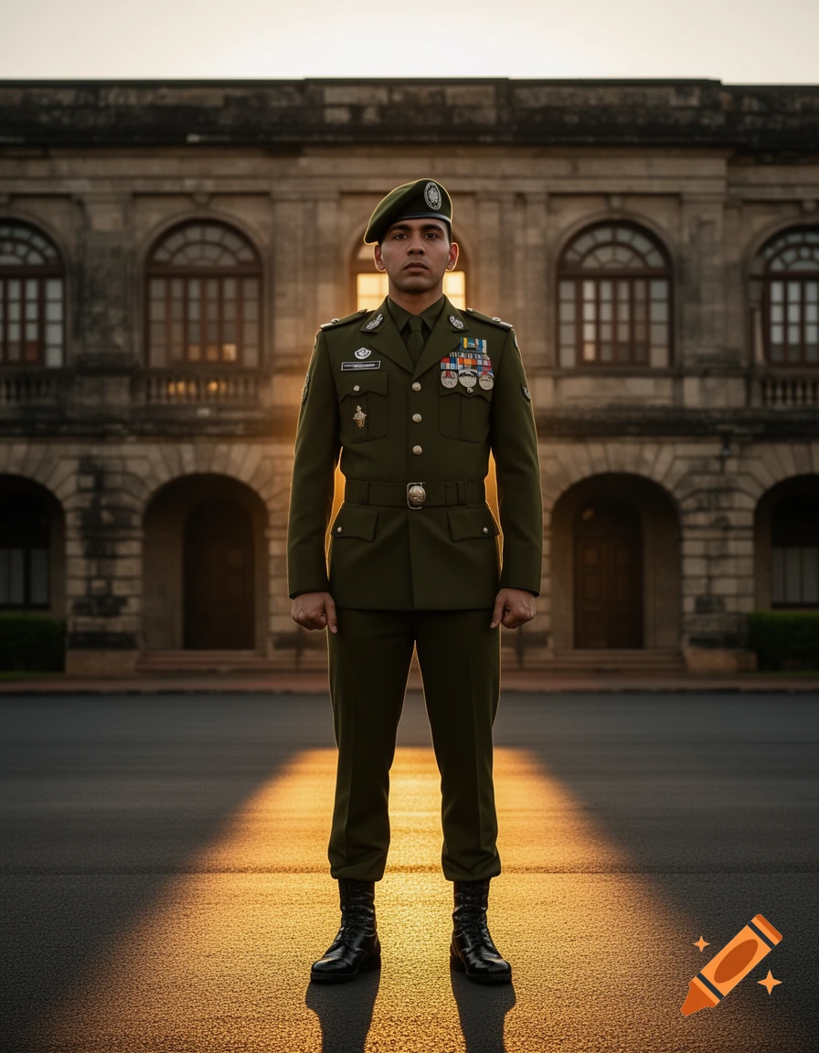 Photorealistic portrait of a male soldier in a green military uniform and beret, standing in front of an old building at sunset.