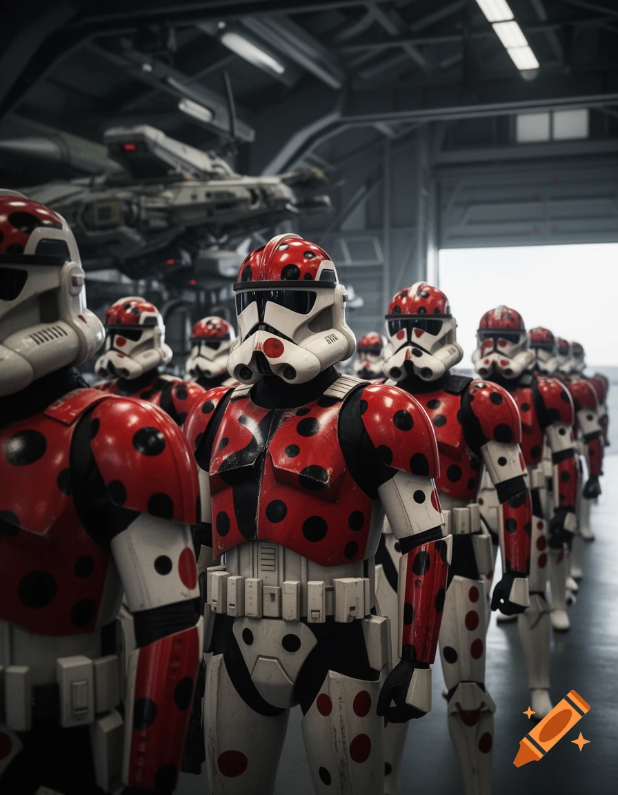 Photorealistic Clonetroopers in red and black ladybug-patterned armor stand in a hangar with a spaceship in the background.