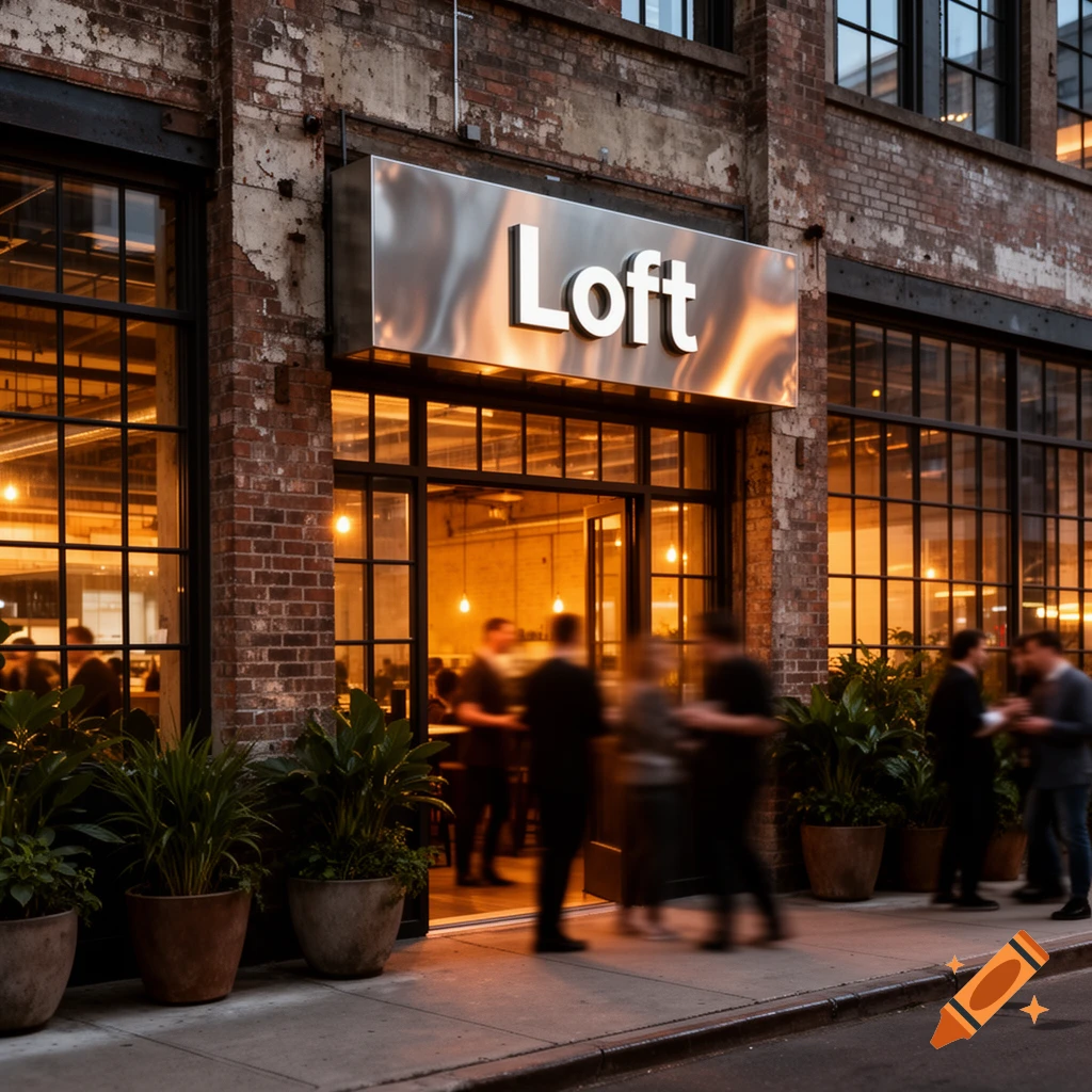 Photorealistic exterior of a brick building with a glowing 'Loft' sign, large windows, and blurred people on the sidewalk at dusk.