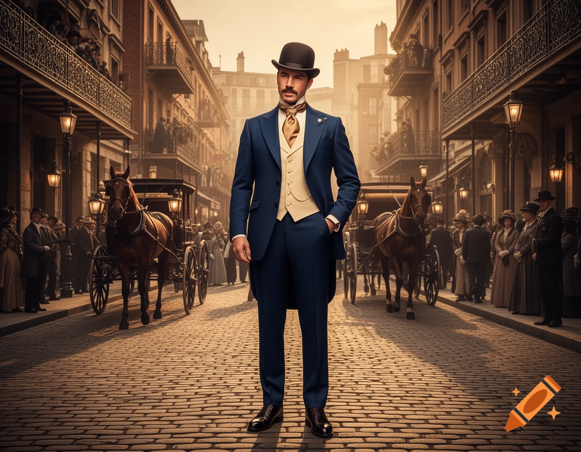 A dandy in a blue suit and bowler hat stands on a cobblestone street in a historical city with horse-drawn carriages.