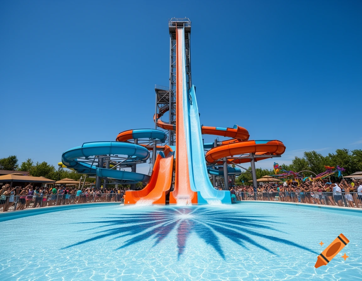 A tall, vibrant orange and blue water slide complex rises above a crowded wave pool, casting a palm tree-like shadow in bright sunlight.