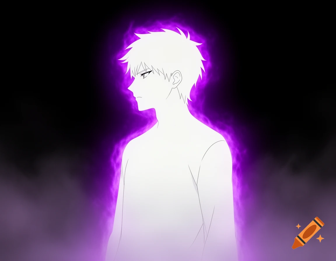 White anime character in profile, glowing with purple energy against a dark background.
