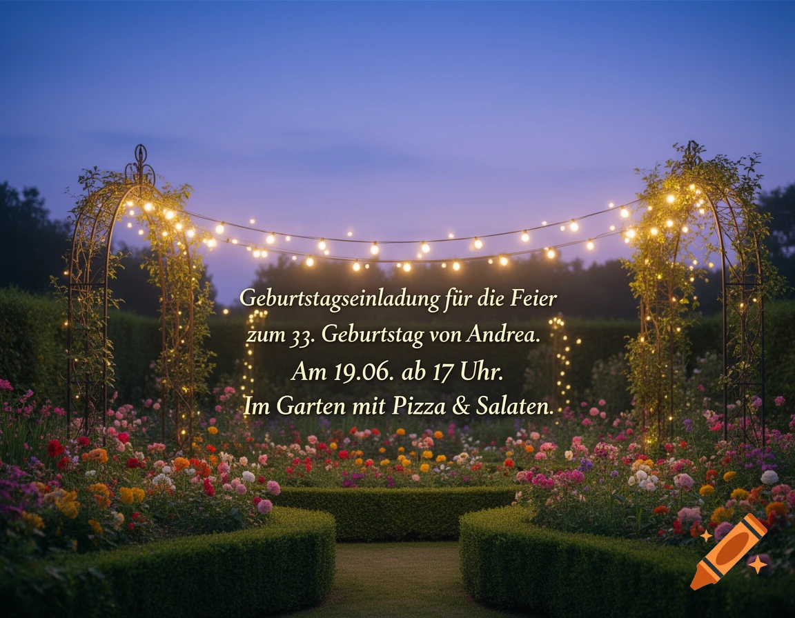 A beautiful garden at dusk, illuminated by string lights, with German text for a birthday invitation.
