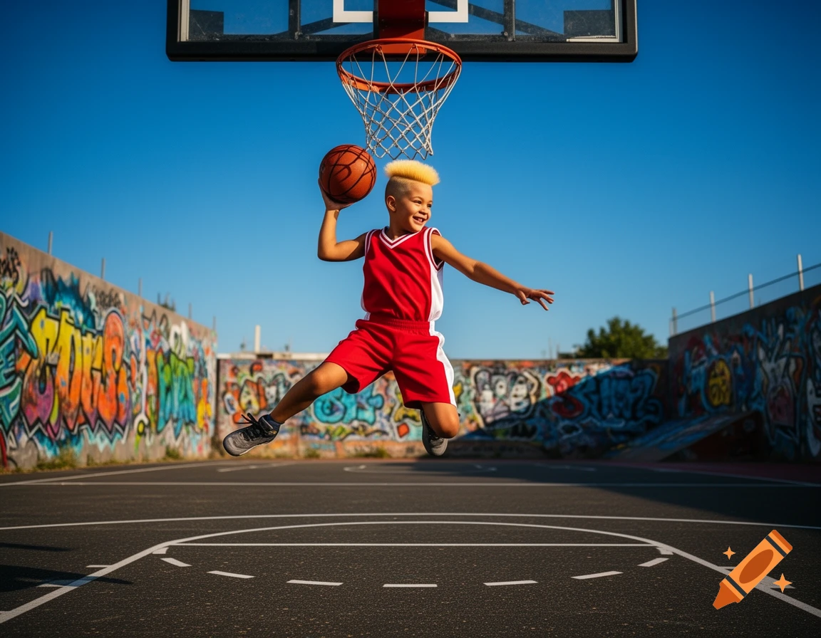 A young boy with blond hair, wearing a red basketball uniform, jumps to dunk a basketball into a hoop on an outdoor court with graffiti-covered walls.