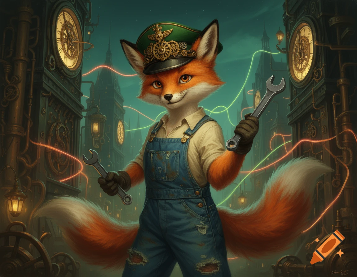 Cute anthropomorphic fox mechanic in overalls, holding wrenches, in a nighttime steampunk city with neon lines, realistic painting.