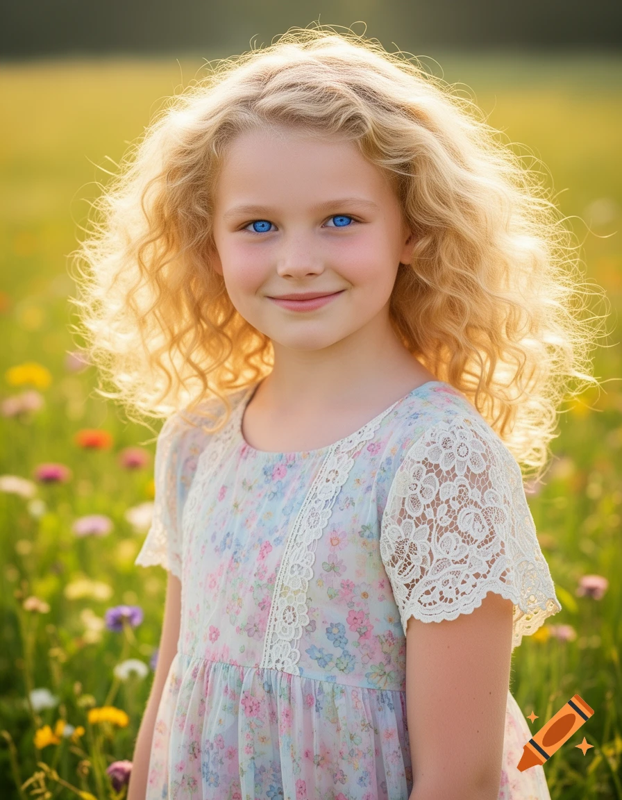 A smiling blonde girl with curly hair and blue eyes stands in a sunny field of wildflowers, wearing a floral dress.
