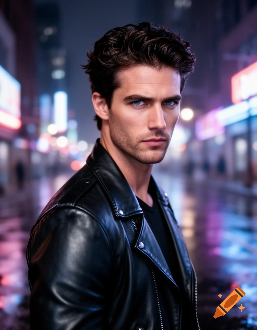 Photorealistic portrait of a man in a black leather jacket with blue eyes, looking over his shoulder on a blurred city street at night.
