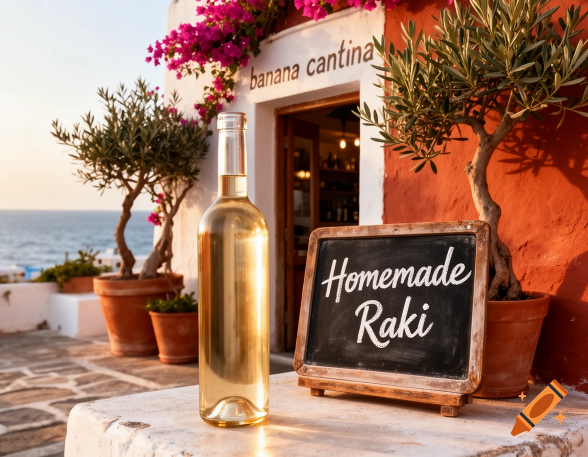A bottle of Homemade Raki on a stone table in front of the 'banana cantina' building, with bougainvillea, olive trees, and the sea in the background at sunset. Photorealistic.