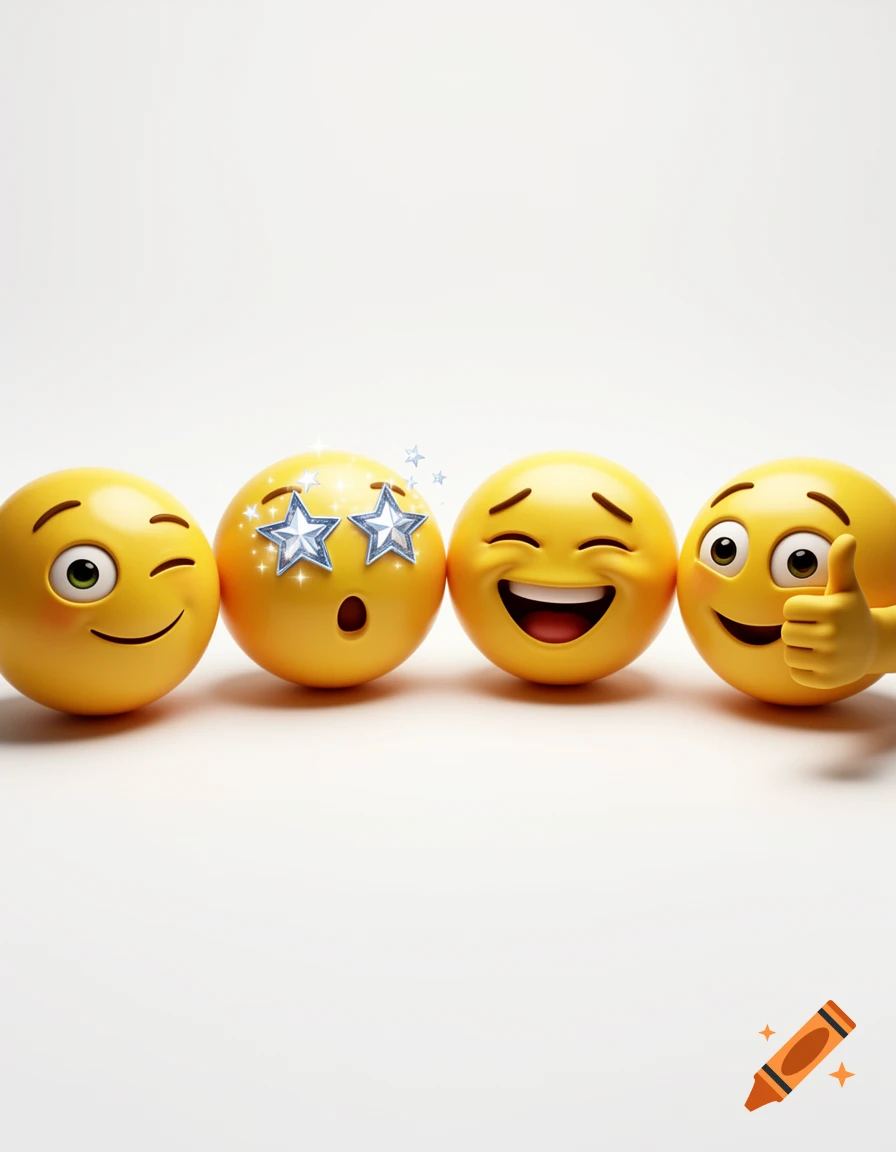 Four 3D emojis: winking, star-struck, laughing, and thumbs-up faces on a white background.